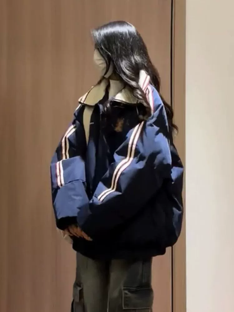 Американский тренд новый сшитый цвет хлопчатобумажная куртка куртка женская 2024 зимняя холодная теплая студенческая хлебная одежда