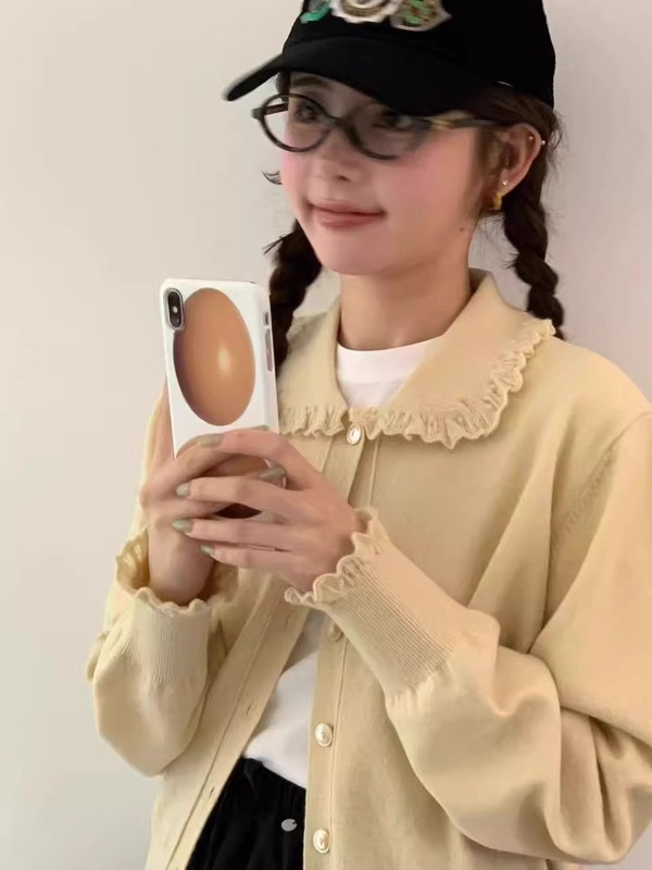 现h韩国东大门同款25年秋egg纯色显示可爱休闲花边领单排扣针织衫|undefined