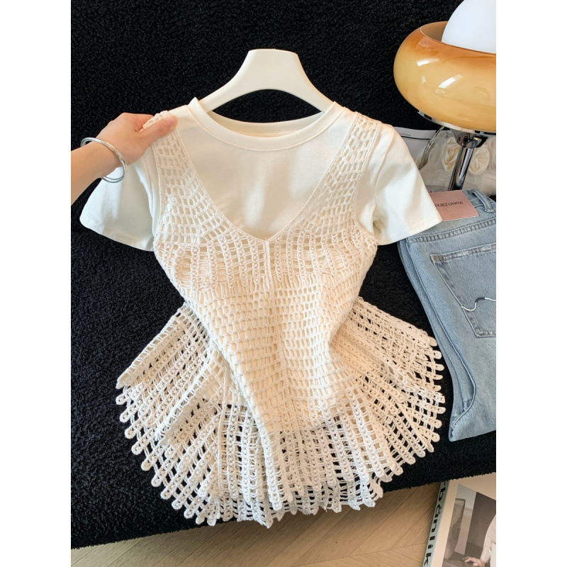 Korean Chic and Unique Summer Vacation Outerwear Hollow-Out Knitted Sleeveless Top for Women New Style Outerwear Lace