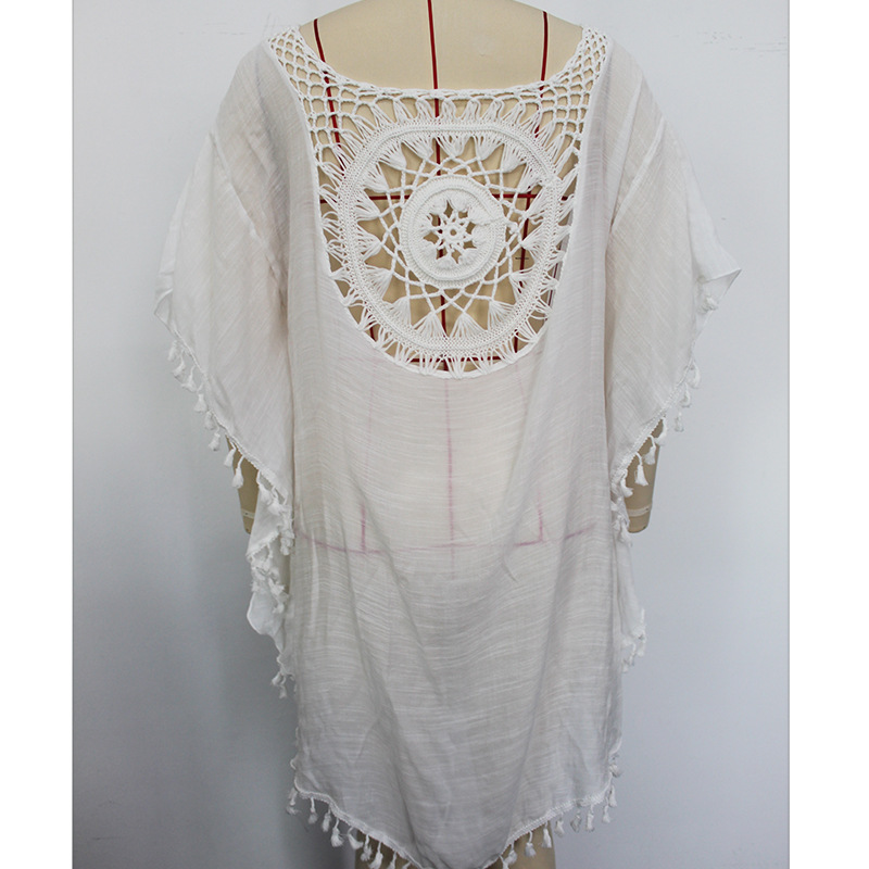 Vacation Hand Crocheting Solid Color Stitching Bohemian White Beach Dress in Bohemian White Beach Dress