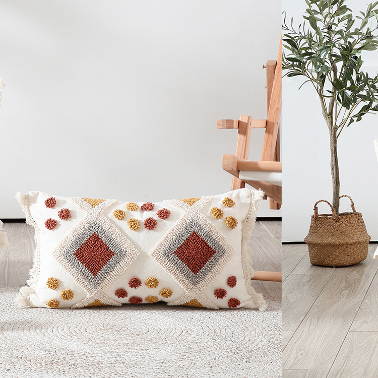 Moroccan style color velvet embroidery pillow case tufted tassel cushion case model room waist pillowcase spot supply_voghion.com