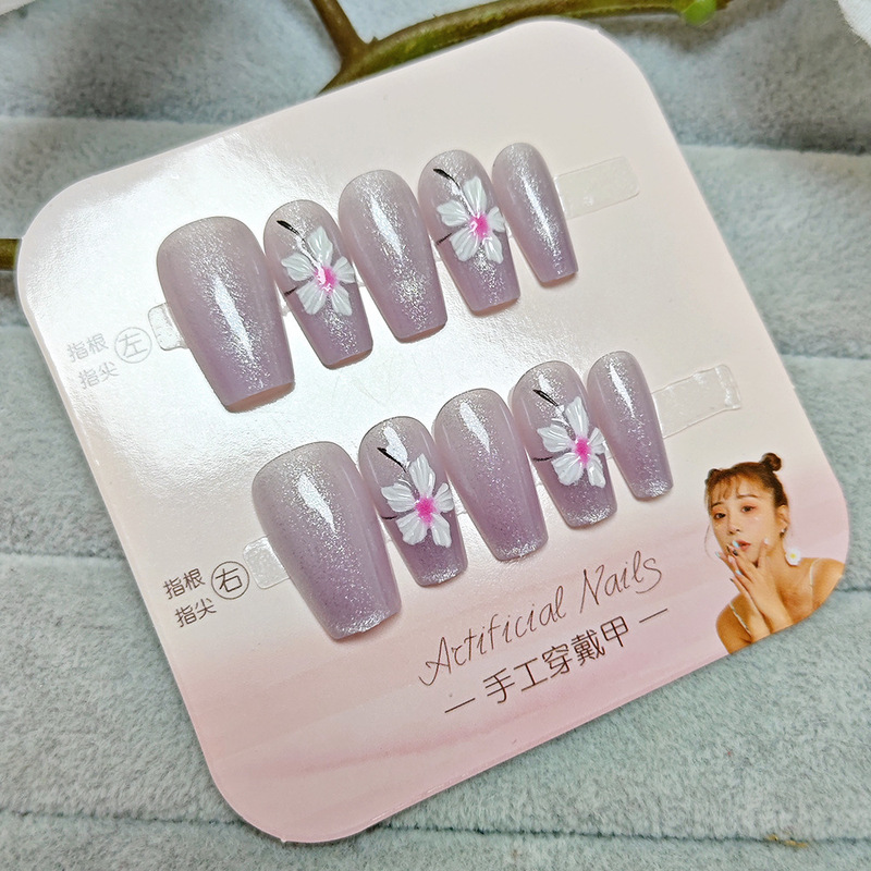 Semi-Handmade Wearable Nails, Fresh Purple Starry Sky Manicure Pieces, Medium Ladder Flower Elegant, Whitening Nail Stickers, 10 Pieces in Size
