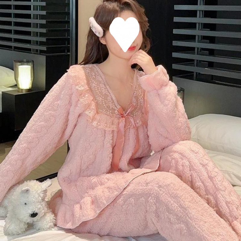 가을 겨울 여학생을 위한 새로운 산호 털 파자마, 두꺼운 한국 스타일 레이스 플란넬, 공주 스타일, 달콤한 홈 의류
