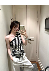 欧莱雅棉【汉南洞欧尼】韩系设计感小众斜肩条纹背心吊带上衣女夏