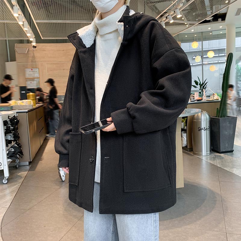 冬季连帽加厚毛呢大衣外套男羊羔绒休闲潮牌帅气百搭潮流呢子夹克