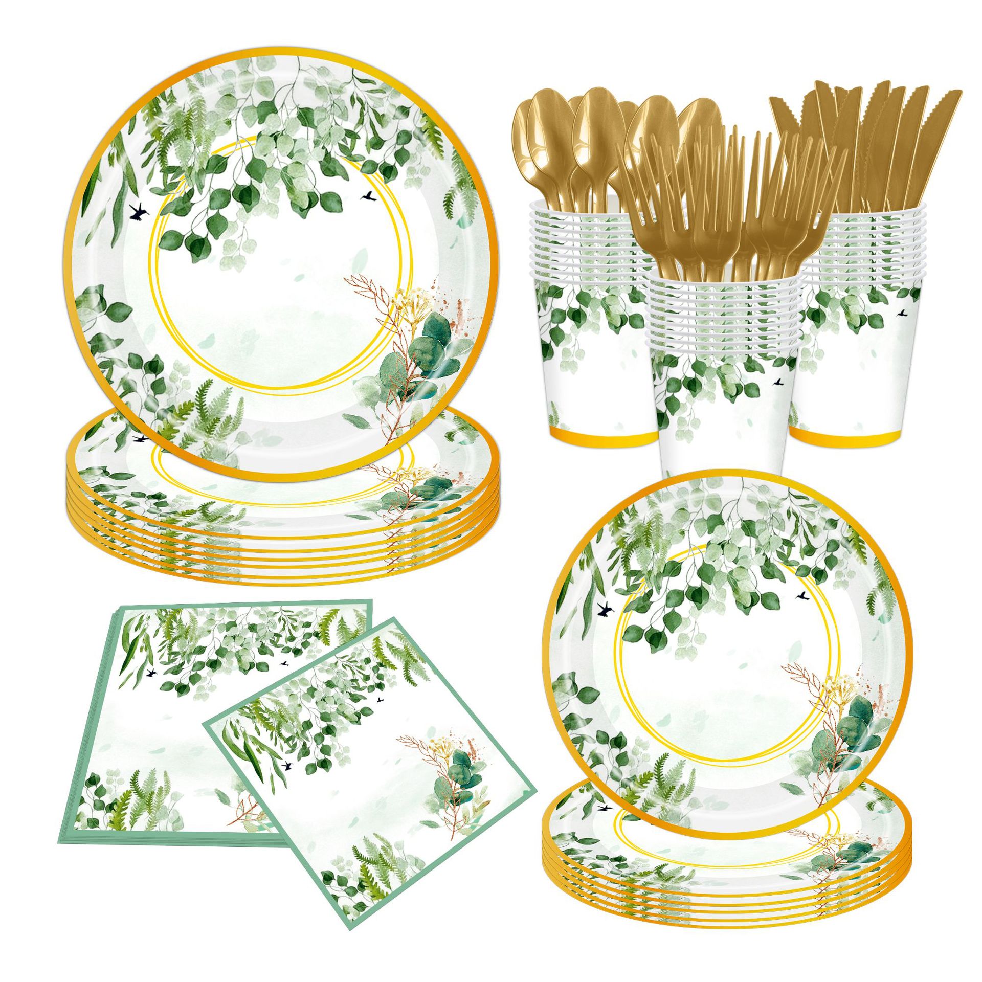Ventas transfronterizas de hojas de eucalyptus desechables de platos de papel suministros de fiesta desechables set de cubiertos fábrica directa