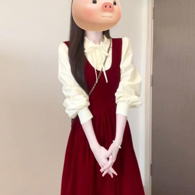 复古法式红色连衣裙子女秋冬季新款感小个子气质长裙背心套装|undefined