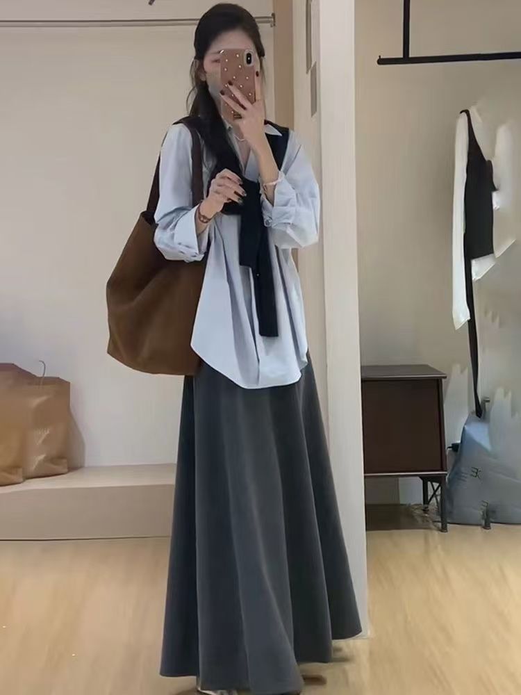 Early Autumn New Arrivals: a Complete Set of Korean Preppy Style Casual Versatile Blue Shirt + Skirt + Shawl for Women