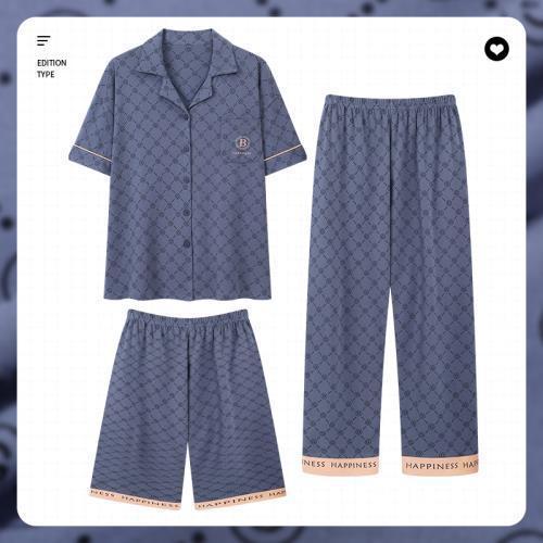 Pijamas verano de los hombres 100% algodón pantalones de manga corta pantalones cortos de verano de algodón de los hombres delgados traje de tres piezas casa