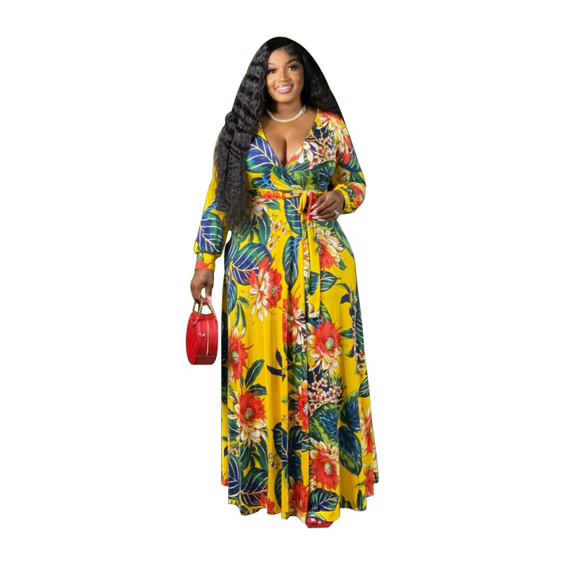 Plus Size Summer Floral Leaf Print Loose Dress with Belt - Stylish and Flattering for Curvy Women - Ootddress