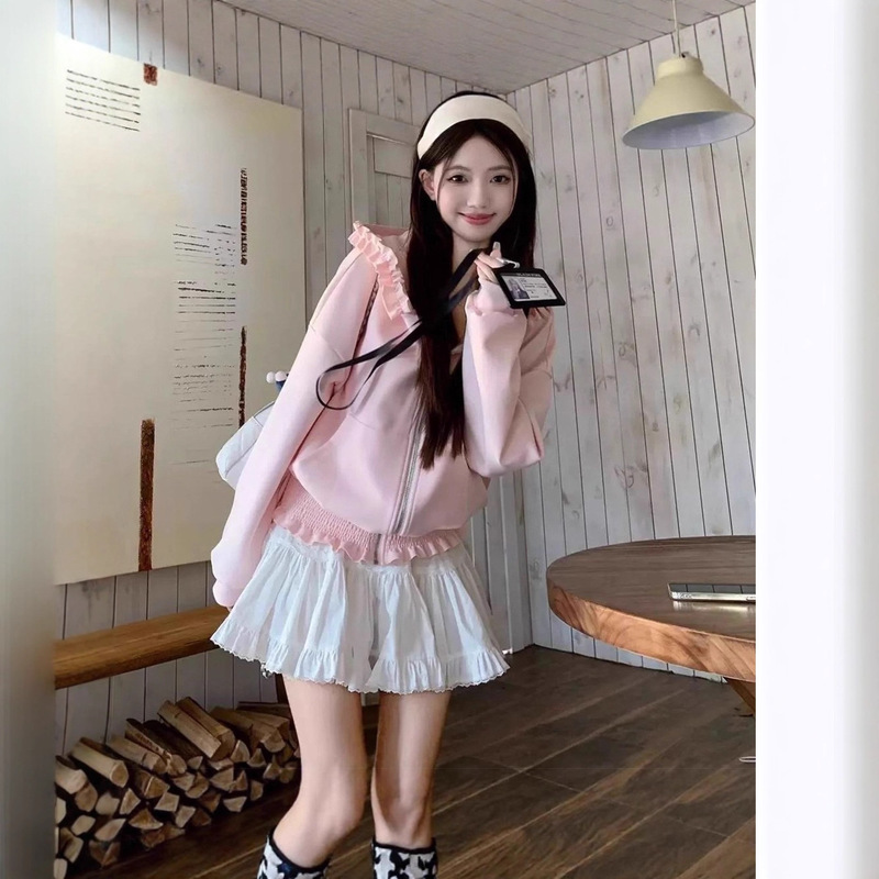 Pink Zipper Hooded Sweatshirt Jacket for Women, Autumn American Style, Lazy Loose Ruffle Long Sleeve Top Cardigan Hoodie