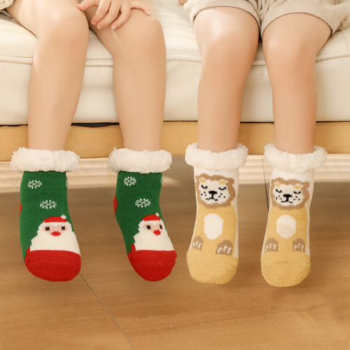 Autumn and winter baby and children's warm thickened plus velvet toddler socks sleep socks non-slip bottom Christmas floor socks