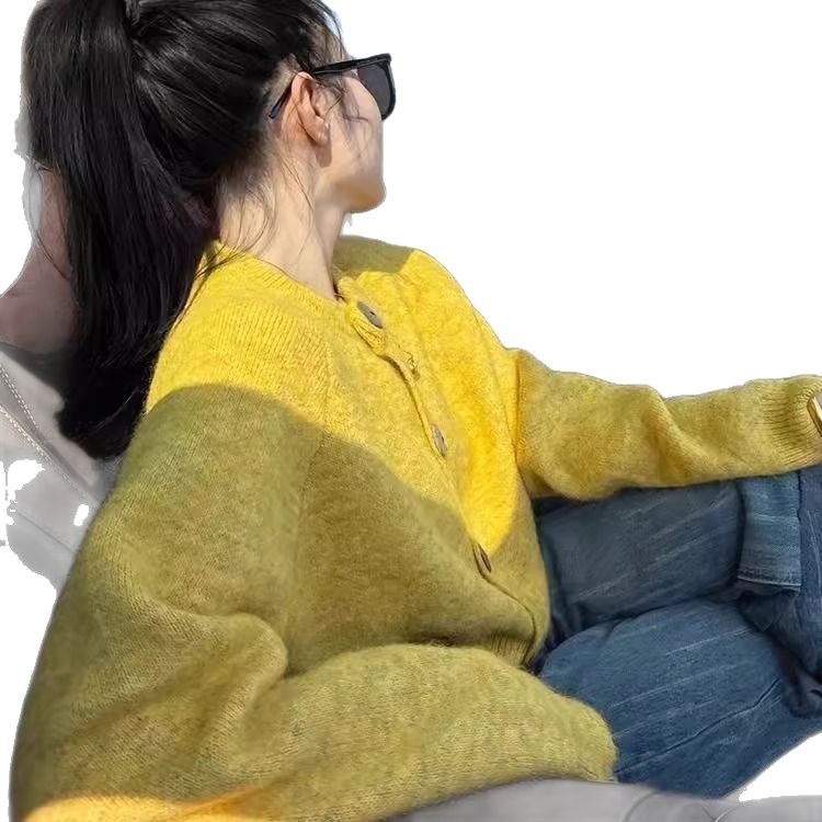 法式复古黄色浣熊绒开衫毛衣外套女春秋款宽松慵懒风外穿针织上衣|undefined