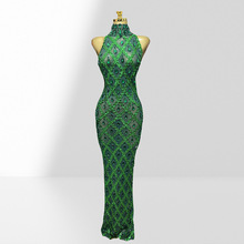 跨境奢华水滴钻亮片菱格纹透视网面绿色连衣裙时尚热派对演出礼服