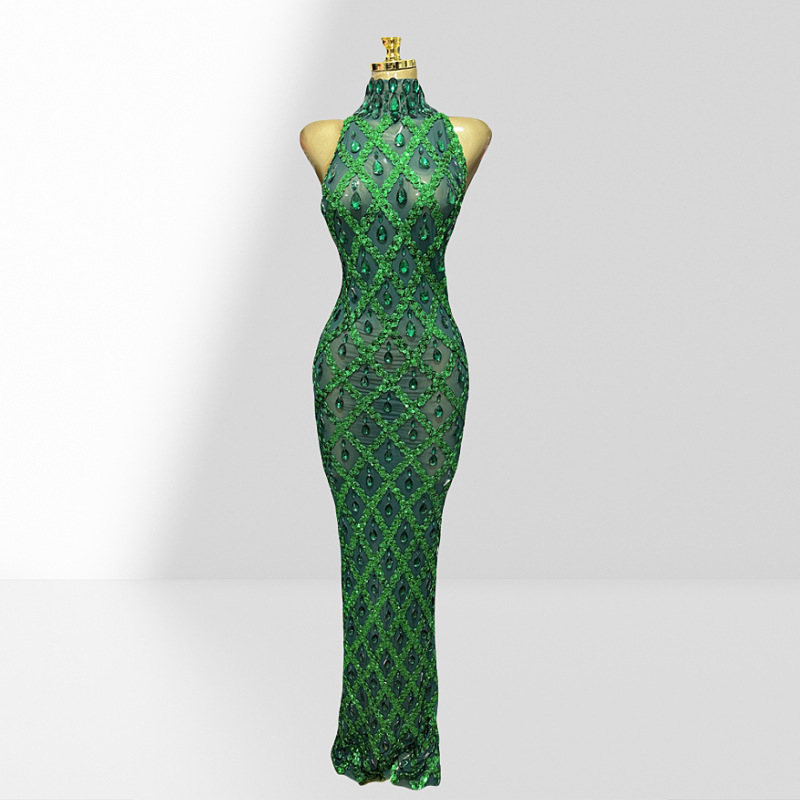 跨境奢华水滴钻亮片菱格纹透视网面绿色连衣裙时尚热派对演出礼服
