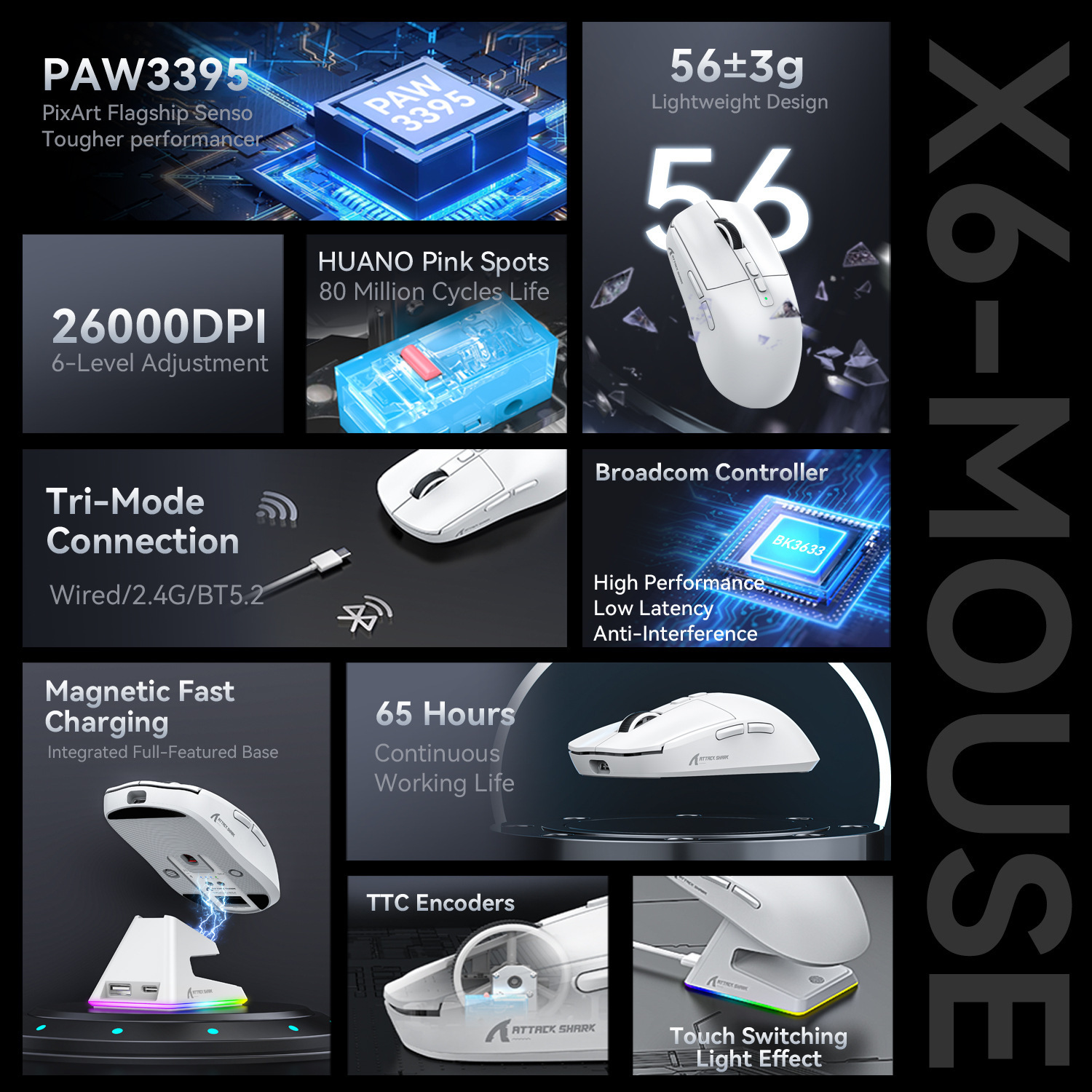 Attack Shark X6 Mouse, Lightweight PAW3395, E-sports Game, The Third Mock Examination, Wireless Bluetooth Mouse Charging RGB Base_voghion.com