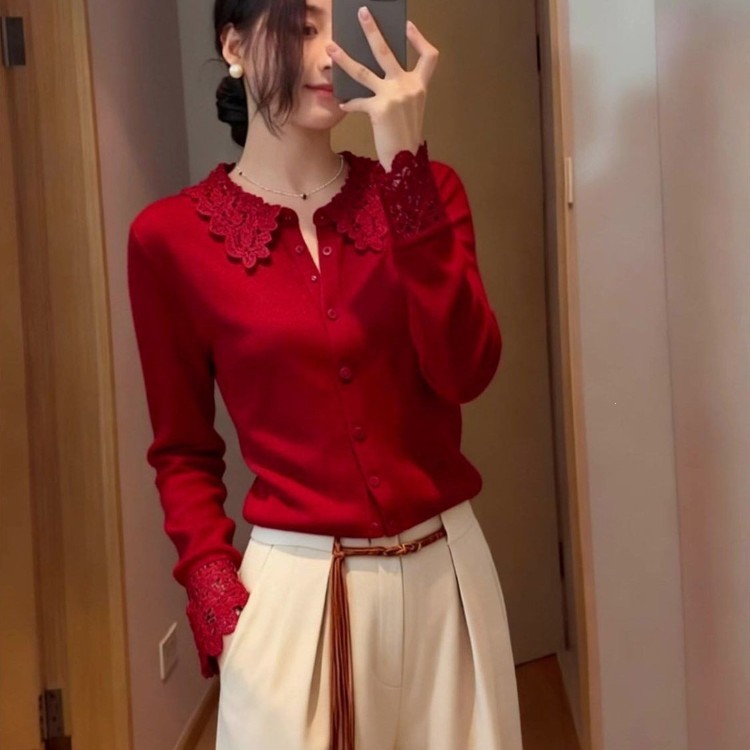 French-style fashion lace V-neck knitted red top for women, 2026 spring and autumn new model, light mature style, slim fit, long sleeve