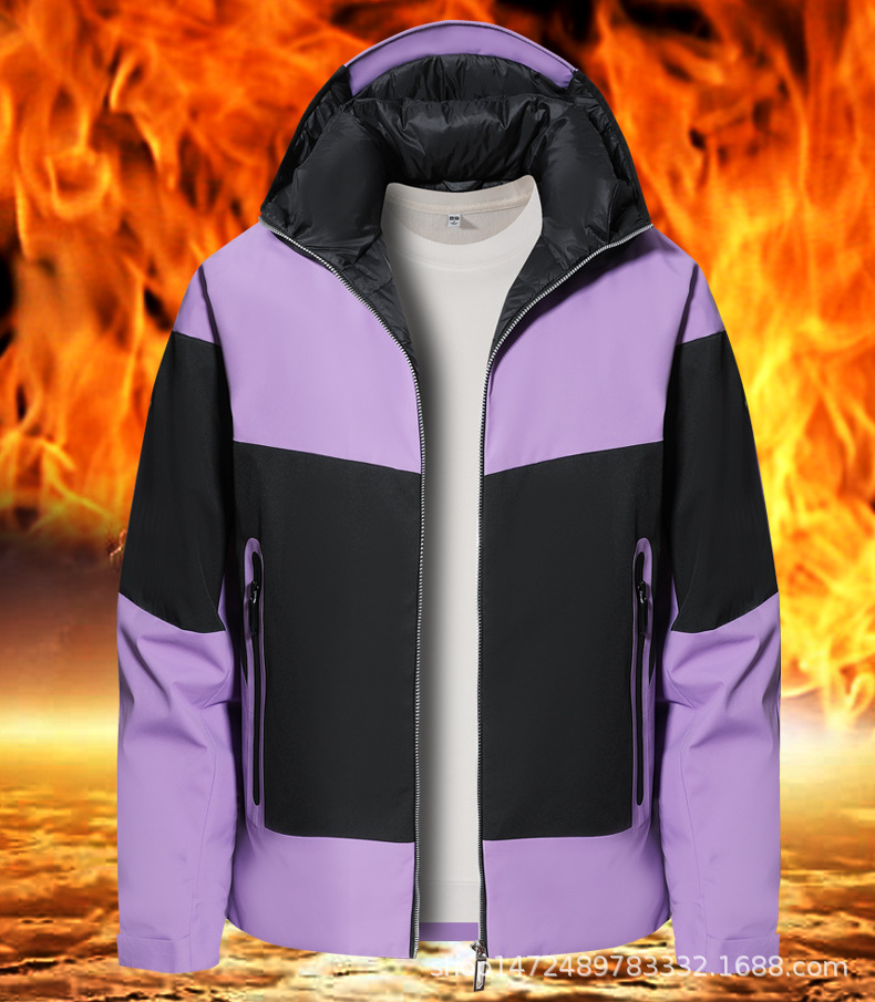 Hombre transfronterizo invierno encapuchado chaqueta juvenil de color contrastante campamento al aire libre impermeable chaqueta de pareja