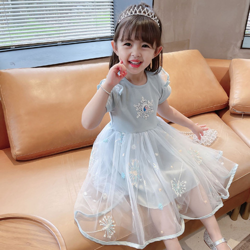 Little Girl Summer Dress Elsa Princess Style Children's 2024 New Fashion Trend Baby Net Dress