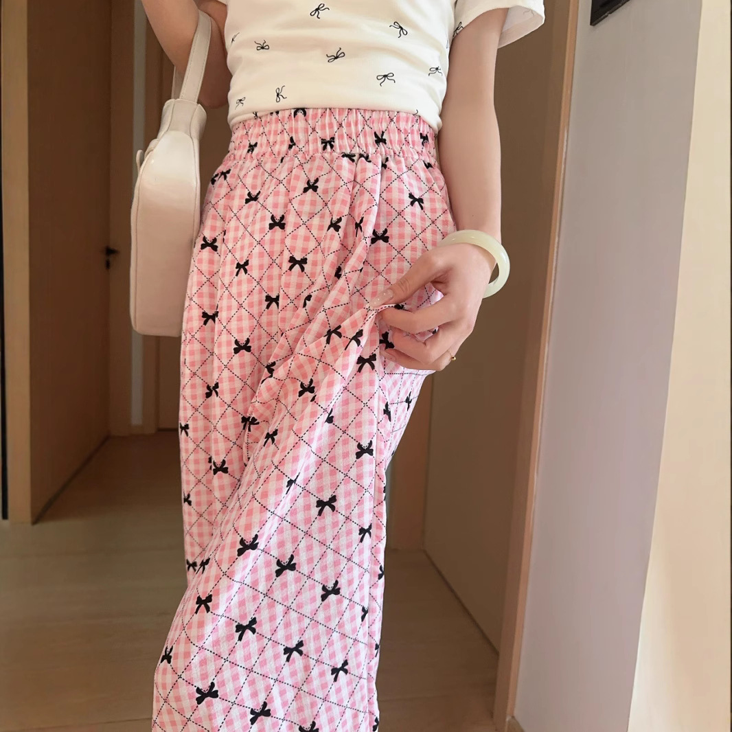 2025 New Blue Bow Plaid Pants Women's Wagging Wide Leg Pants Summer Thin High Waist Casual Straight Pants