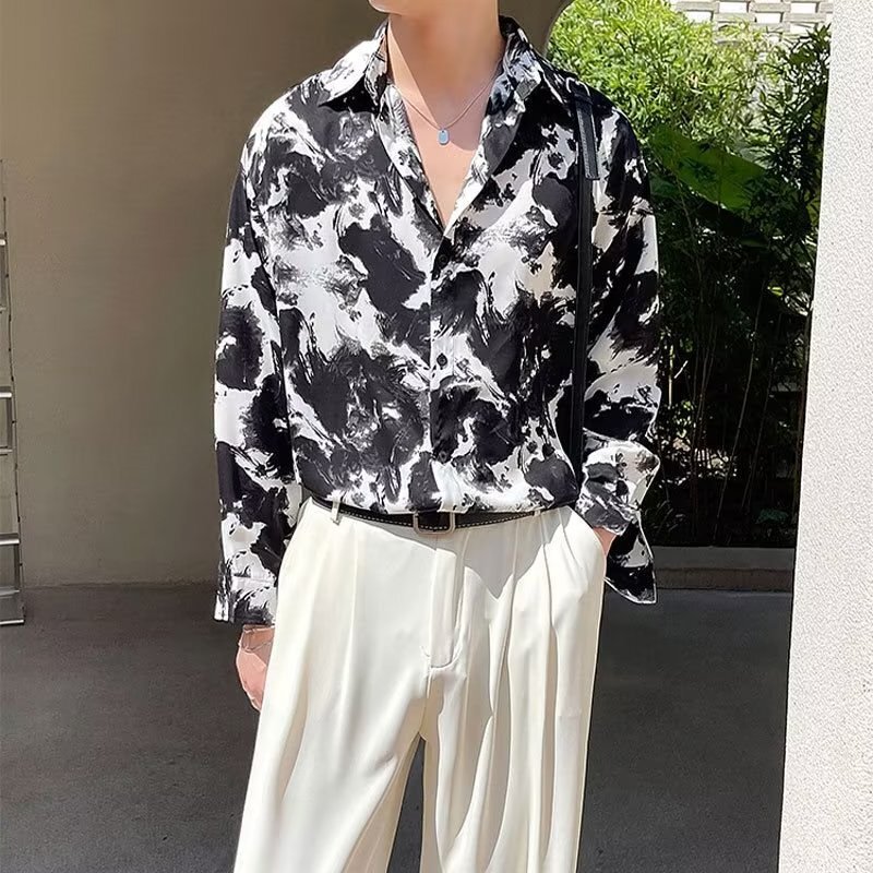 British Yuppie Style Men's Cuban Collar Shirt Men's Long Sleeve Inner Suit High-grade Ink Painting Shirt Jacket