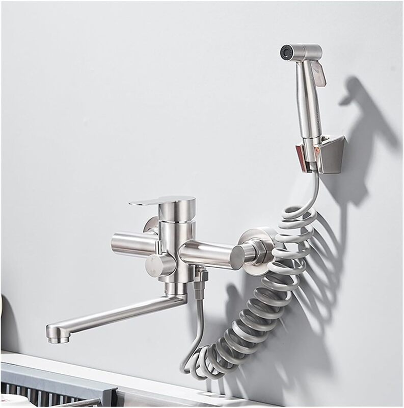 Foreign Trade Wall-Mounted Faucet with Spray Gun, No-Drill 304 Stainless Steel Hot and Cold Brushed Kitchen Sink Faucet