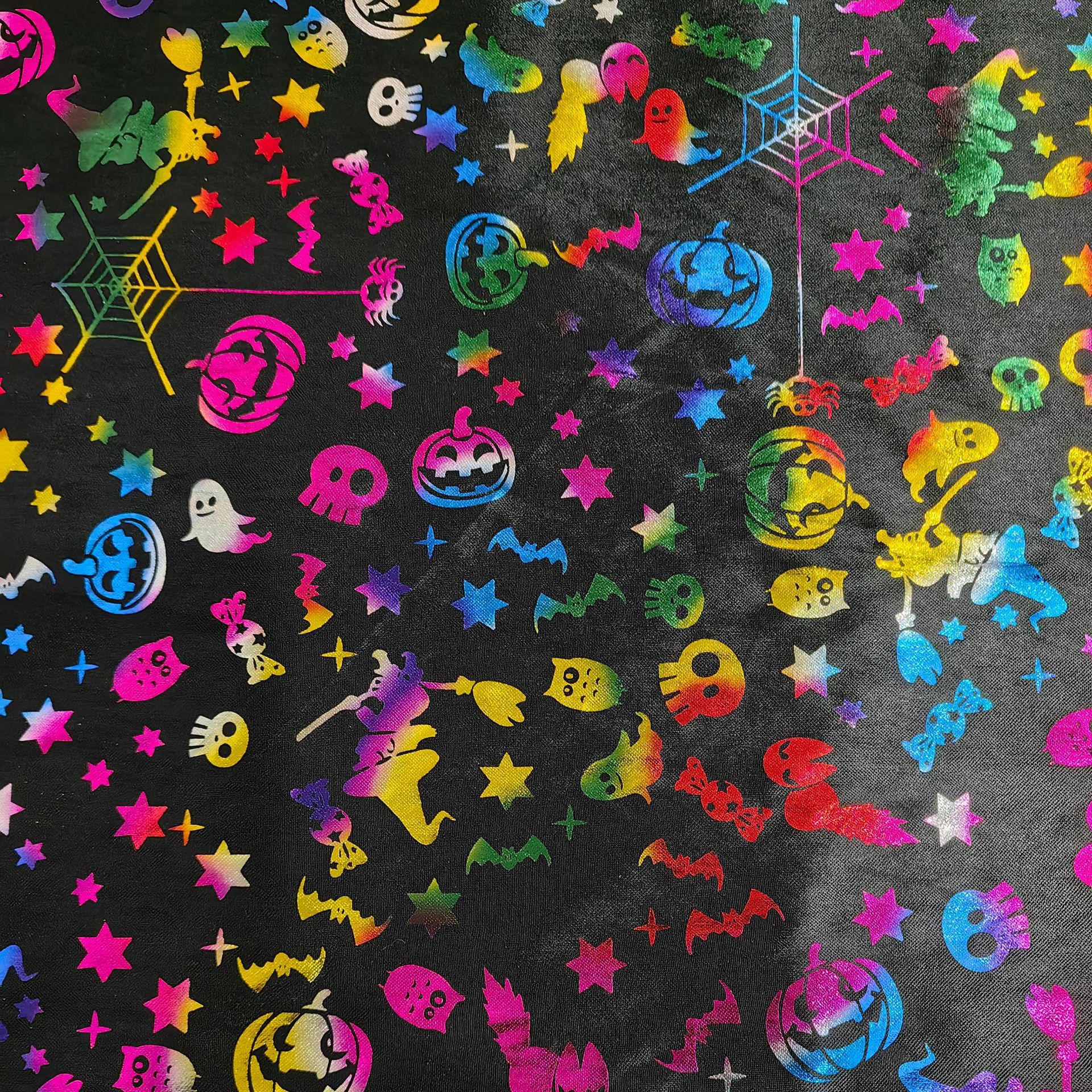 现货供应南瓜巫婆烫金布 针织两面弹涤纶面料万圣节装饰披风面料