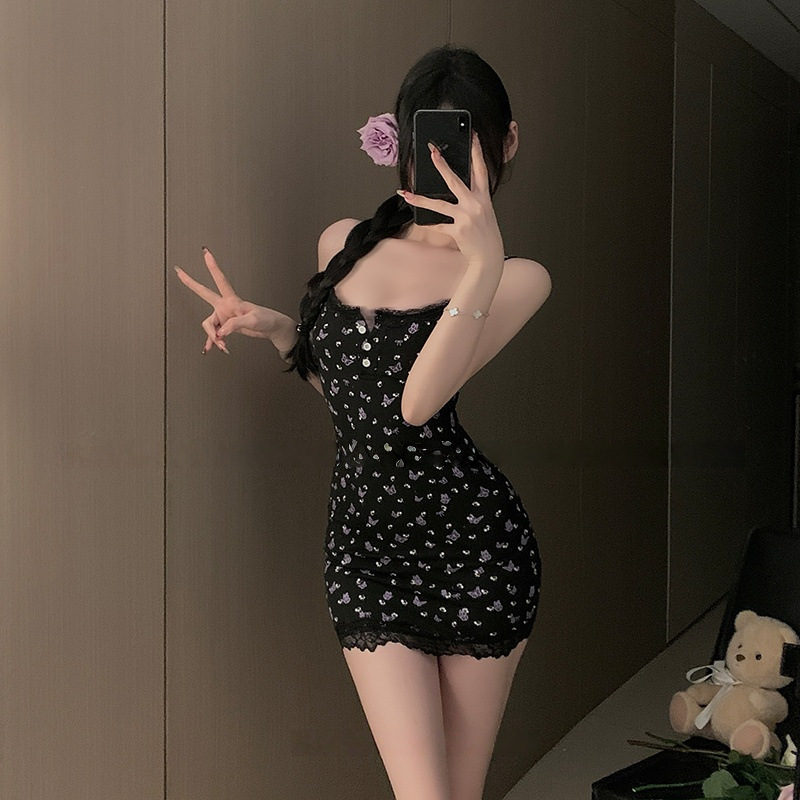 Sweet Girl Pure Desire Floral Suspender Nightgown Purple Butterfly Sexy Lace Slim Fit Nightgown with Breast Pads Sexy Temptation