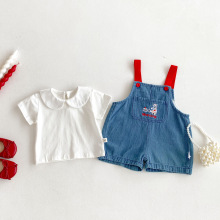 儿童夏季韩版小熊牛仔背带裤男女宝宝ins婴儿洋气刺绣卡通爬爬服