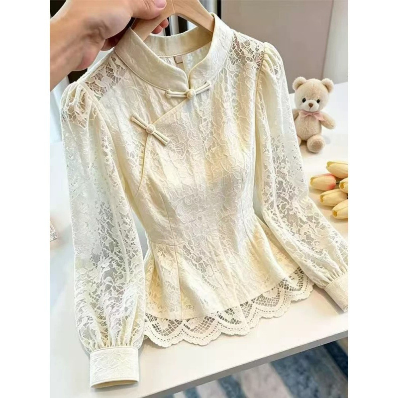 New Chinese-style stand-up collar lace long-sleeve shirt for women, autumn new versatile design with button closures and a fitted waist, featuring lace trim New Chinese-style stand-up collar lace long-sleeve shirt for women, autumn new versatile design with button closures and a fitted waist, featuring lace trim