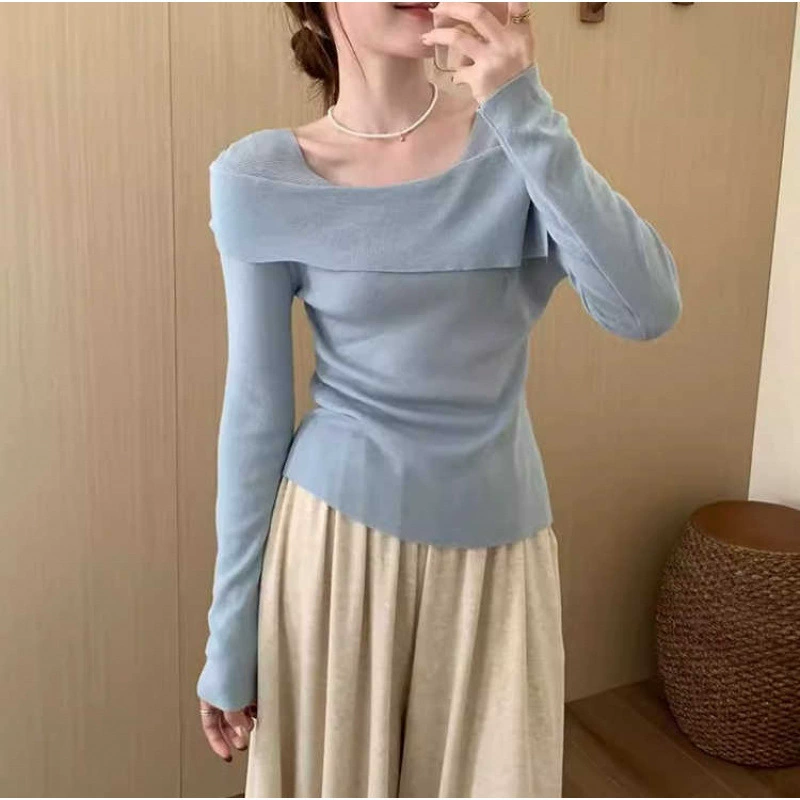 Милый женский топ с открытыми плечами, квадратным вырезом и длинными рукавами, новая осенняя модель 2025 года, облегающий вязаный свитер для многослойного образа.