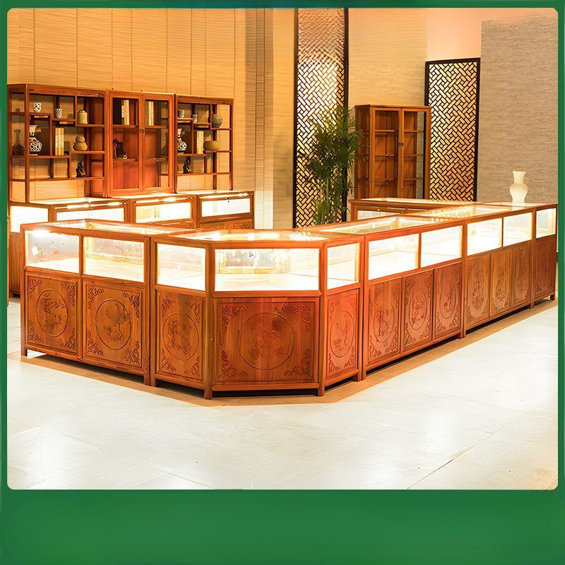 中式实木展示柜玉器饰品陈列柜翡翠首饰展柜复古古玩玻璃柜台珠宝