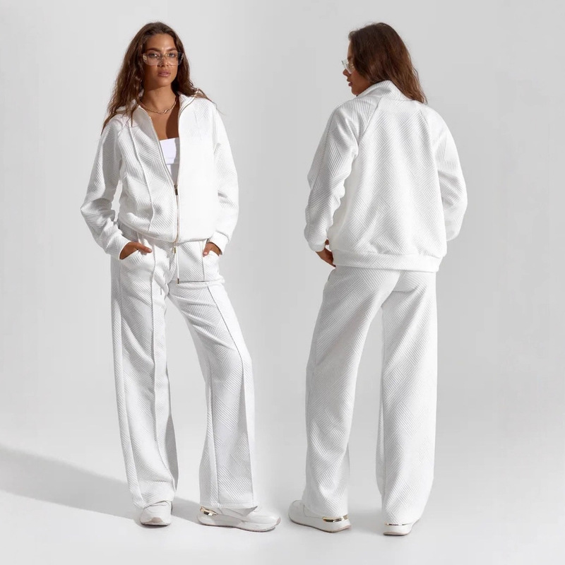 Amazon Cross-Border Casual European and American Women's Suit Solid Color Long-Sleeved Zipper Loose Top Lace-Up Trousers Two-Piece Set Amazon Cross-Border Casual European and American Women's Suit Solid Color Long-Sleeved Zipper Loose Top Lace-Up Trousers Two-Piece Set