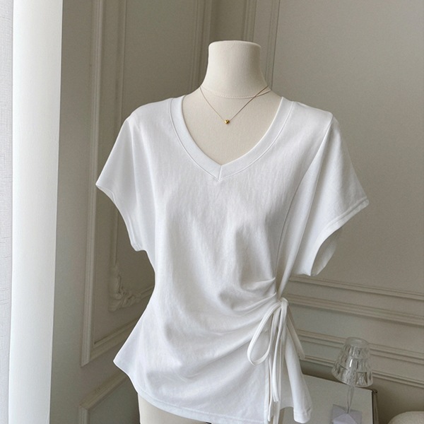 Cross-Border Wholesale Summer 92% Cotton Waist-Cinching V Neck Short-Sleeved T-Shirt Women's Design Slim Bat-Sleeve Top