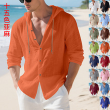 亚马逊春夏黑马 男士亚麻连帽长袖衬衫 欧美潮流ins沙滩休闲开衫