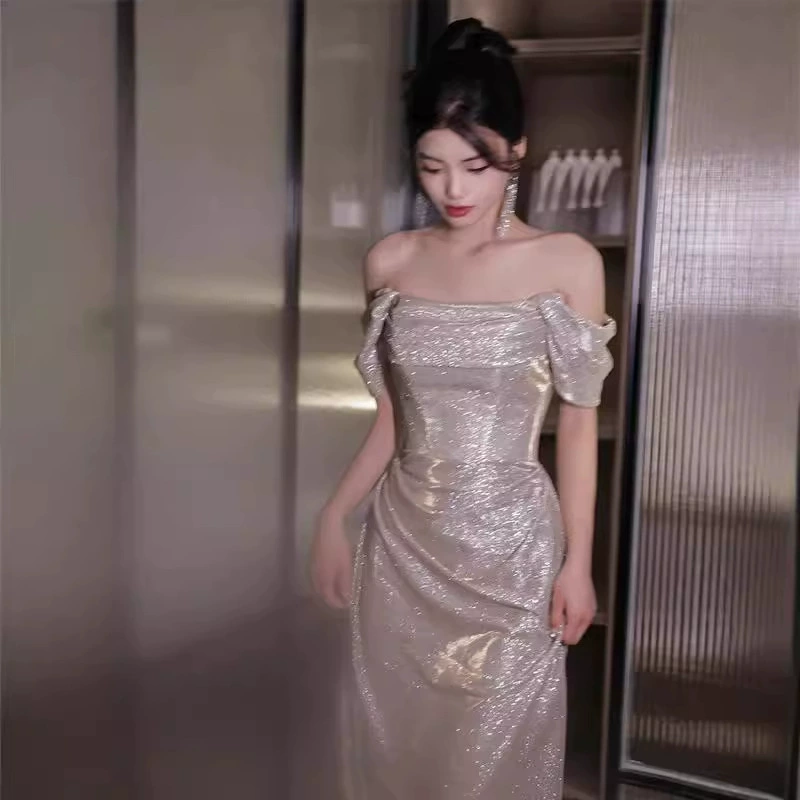 Вечернее платье, серебряные ногтевые sequins для невесты, открытые плечи, новая коллекция