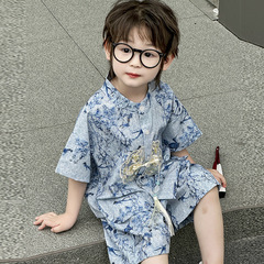2025夏服の新型子供の男の子と子供の新しい中国式の古風は刺繍の復古の高級なスーツの2つのセットを染めます。