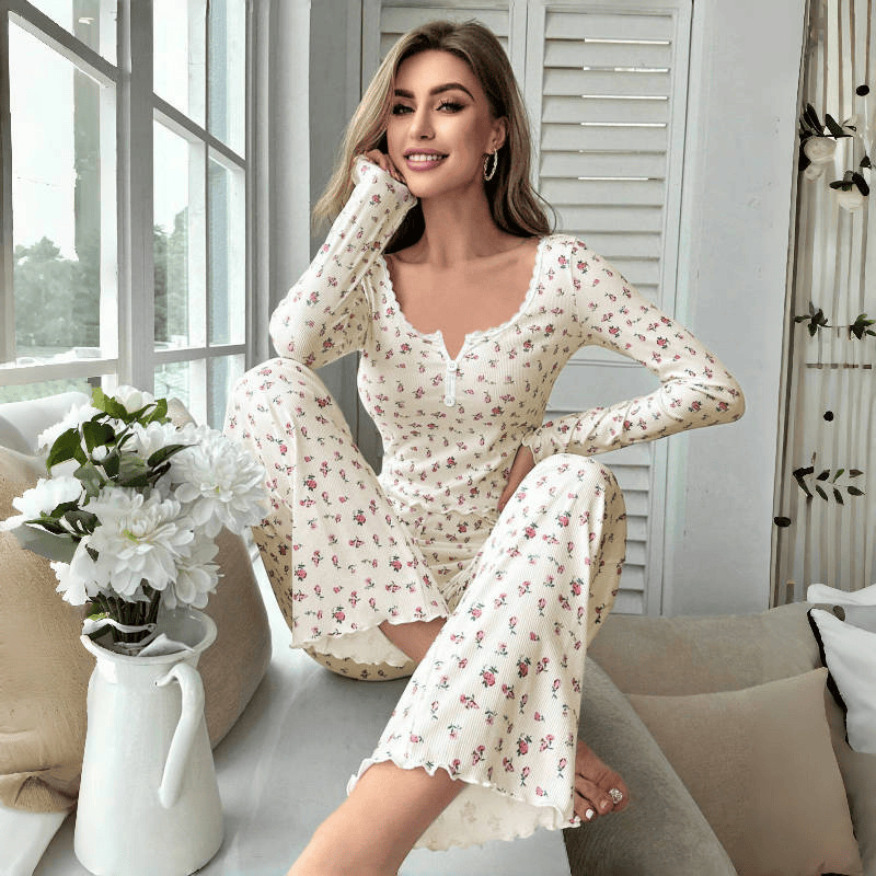 Amazon Cross-Border European and American Autumn and Winter Home Wear Floral Long-Sleeved Pants Suit Casual and Fashionable Wearable Pajamas Amazon Cross-Border European and American Autumn and Winter Home Wear Floral Long-Sleeved Pants Suit Casual and Fashionable Wearable Pajamas