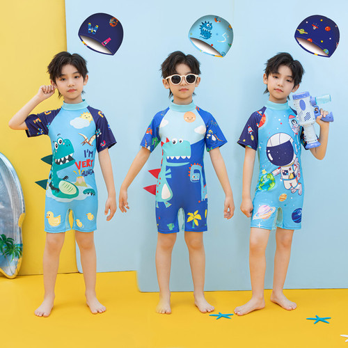 Cartoon children's swimsuit one-piece for boys, medium and small children, short-sleeved shorts swimwear for babies, boys, conservative swimming suit, stylish