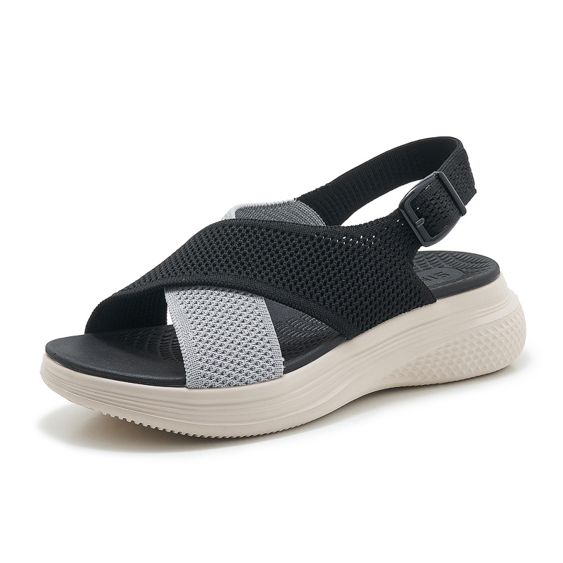 Sandal nữ quai chéo dệt kim phối dây rút, đế MD nhẹ êm — màu be, màu đen, xanh lam, màu hồng
