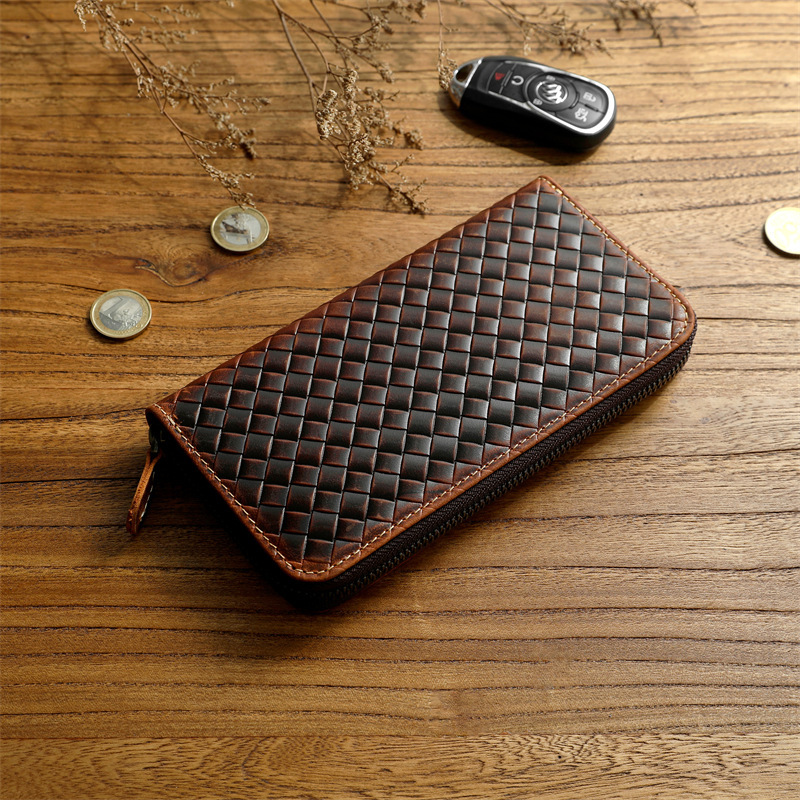 Crazy Horse Top Layer Cowhide Men's Wallet Woven Pattern Large Capacity Handbag Genuine Leather Long Wallet Zipper Wallet Trendy Crazy Horse Top Layer Cowhide Men's Wallet Woven Pattern Large Capacity Handbag Genuine Leather Long Wallet Zipper Wallet Trendy