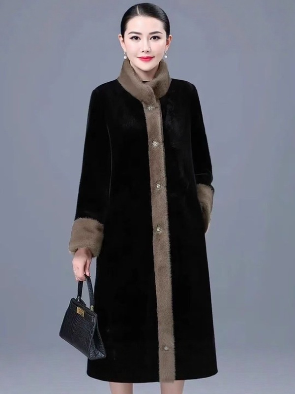 秋冬新款仿水貂绒撞色加厚皮草气质大衣女中长款洋气妈妈装外套|undefined