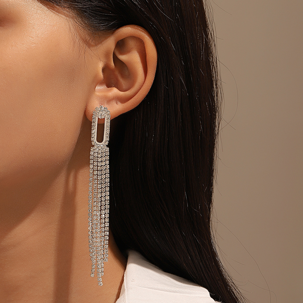 Exaggerated Tassel Rhinestone Drop Earrings For Women Elegant Style_voghion.com