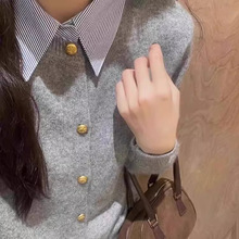 灰色衬衫领拼接假两件毛衣女春秋小个子修身内搭针织开衫翻领上衣