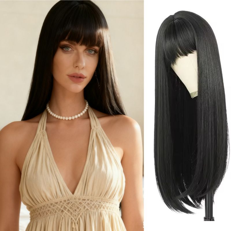 Amazon Cross-Border Wigs European and American Wigs with Bangs Black Long Straight High Temperature Silk Wigs Factory Wholesale