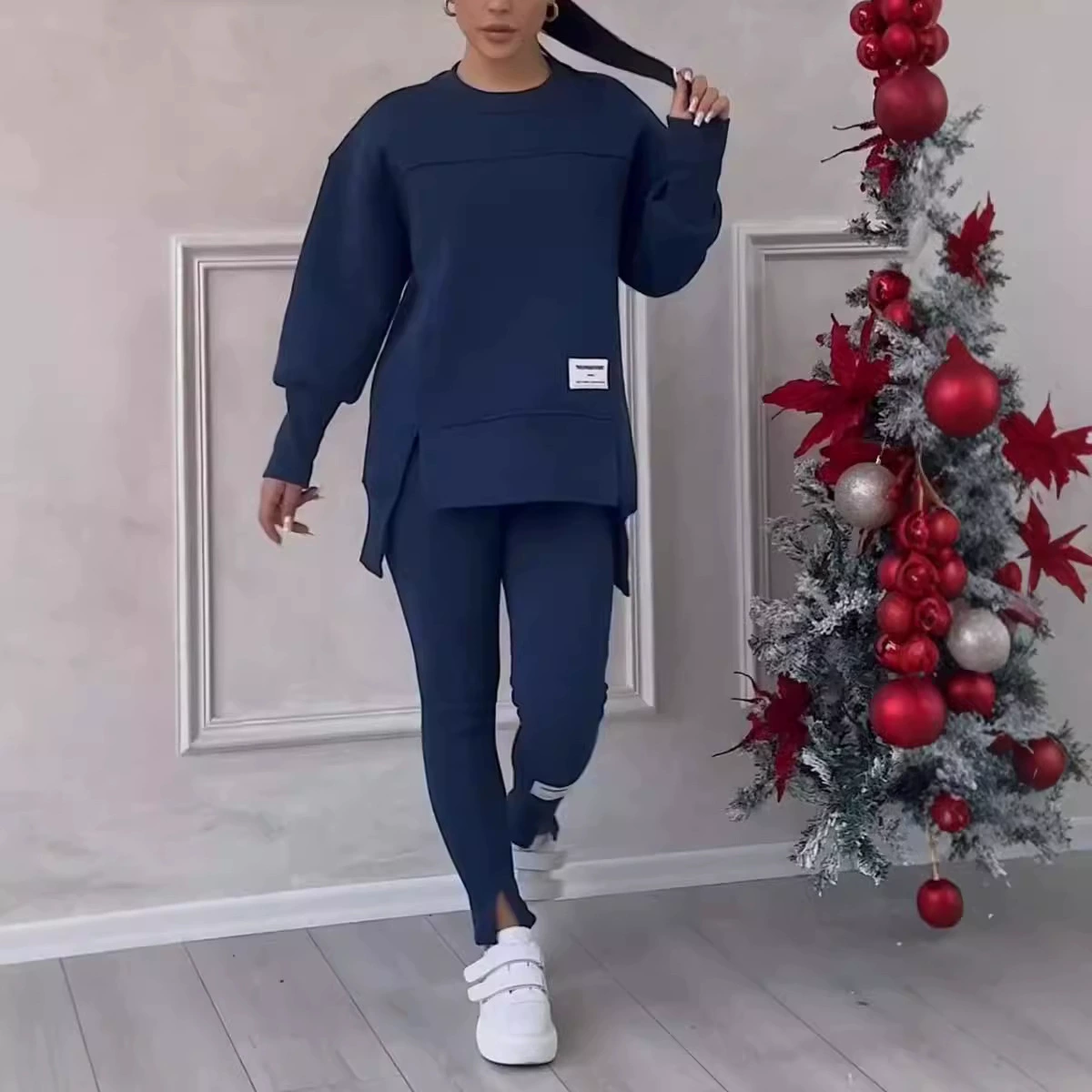 Комплект женской одежды для трансграничной торговли: свитшот с длинным рукавом и принтом, леггинсы и брюки-капри (девять частей)