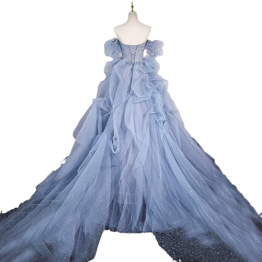 Вечернее платье для женщин Haze blue ball gown, плечи открыты, стиль пианино, многослойная сетка