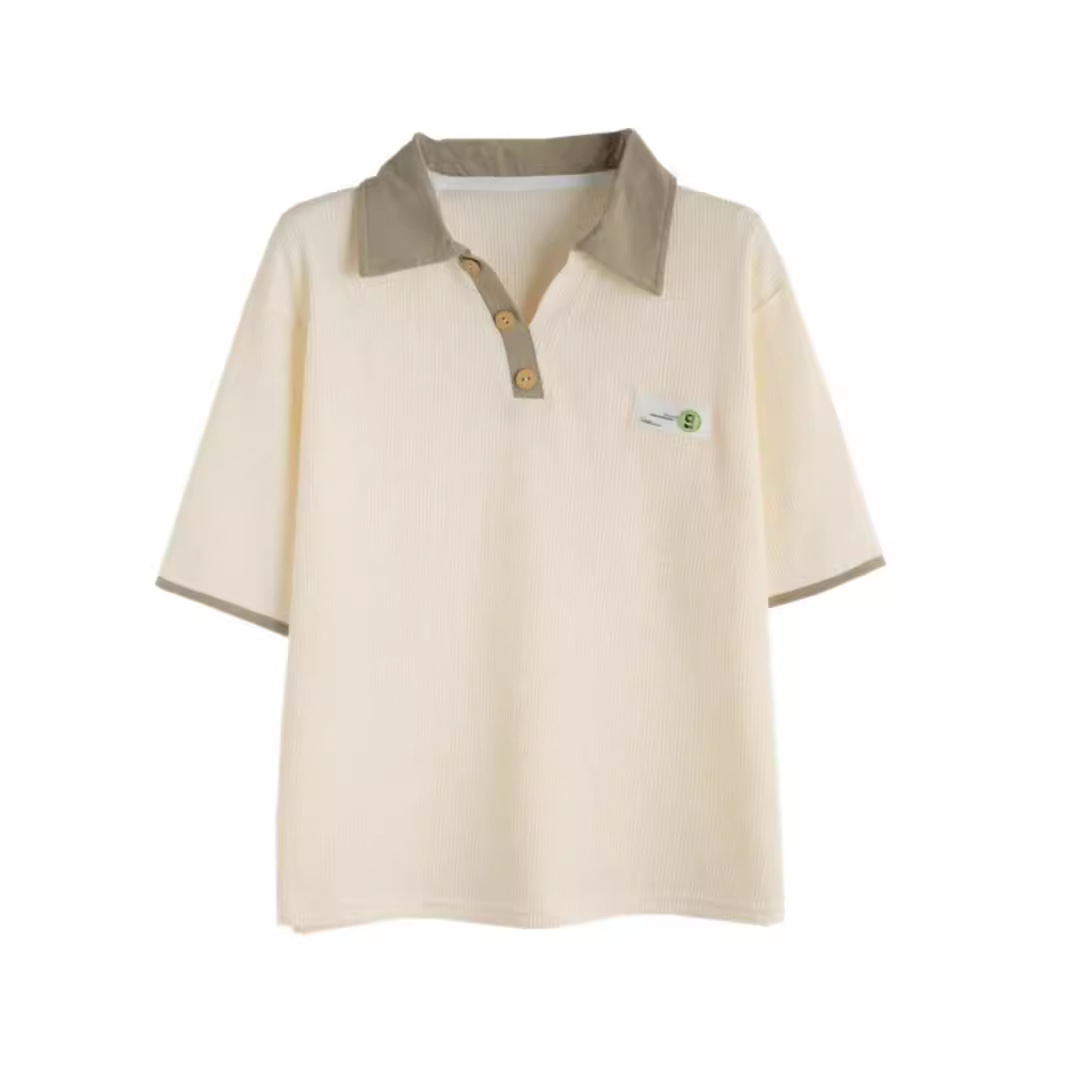 Camiseta de manga corta con cuello de polo de dos piezas falsas de waffle de talla grande para mujer 2024 verano nuevo estilo coreano suelto de media manga superior