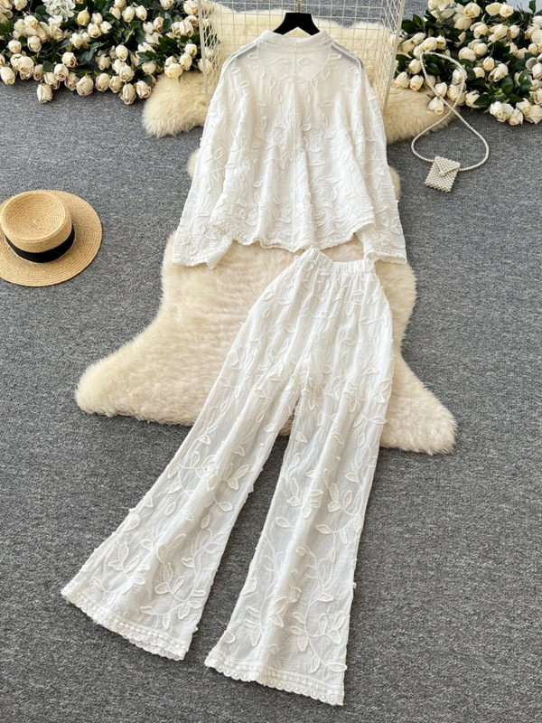 韩系穿搭女轻熟风百搭重工叶子刺绣宽松长袖开衫衬衫高腰阔腿长裤|undefined