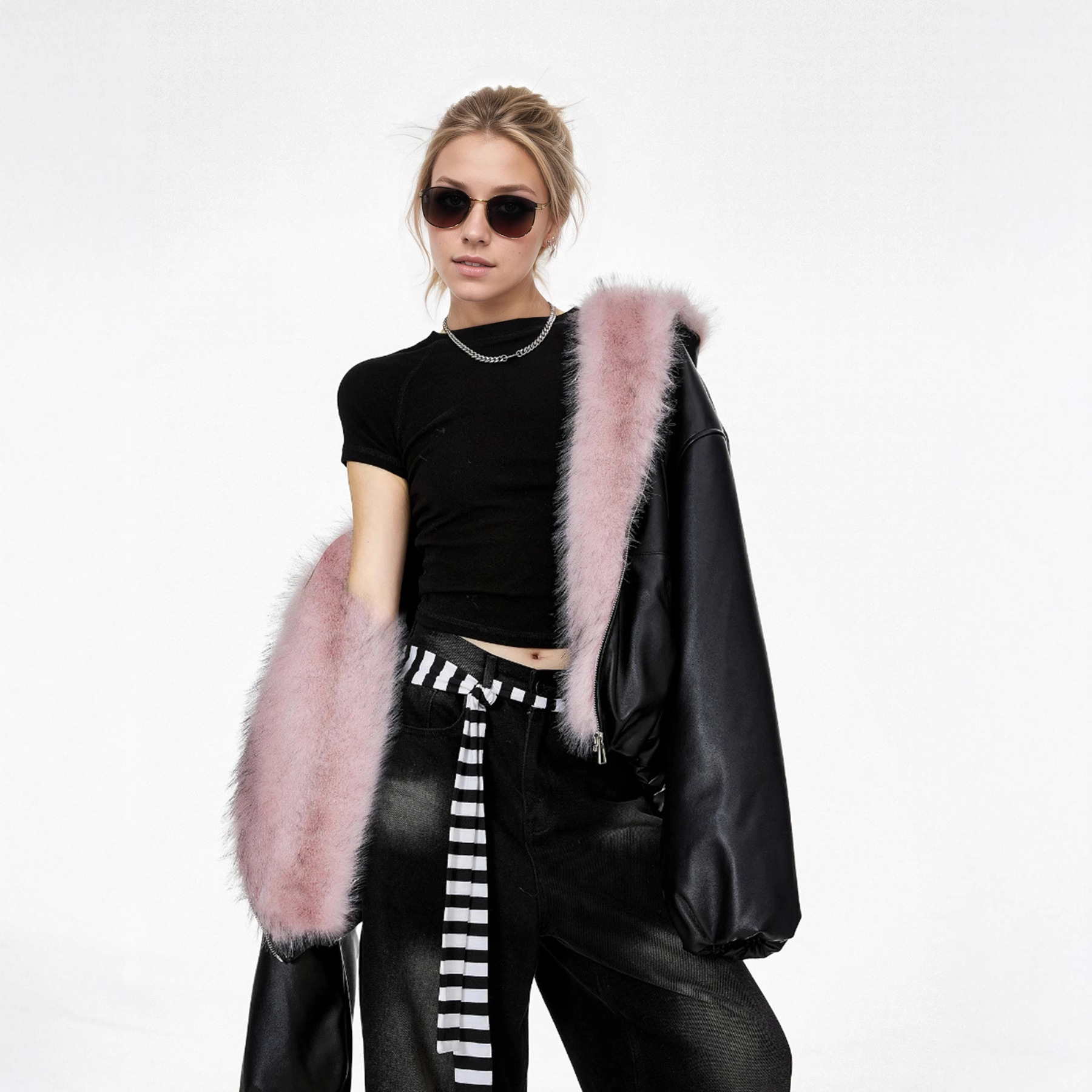 European and American Cross-Border Trade Popular Pink Plush Leather Jacket for Women, Winter Design with Windproof Hood